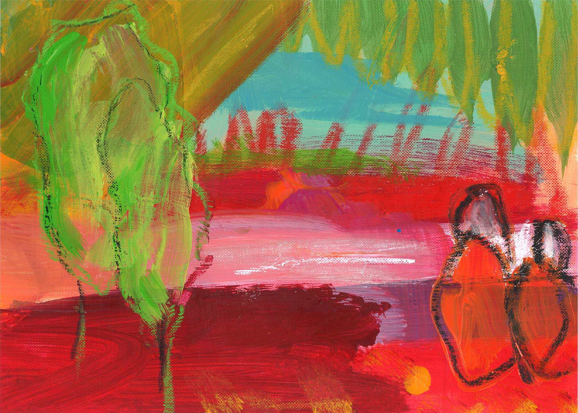 „Kleine rote Welt“, Acryl auf Papier, ca. 24 x 30 cm