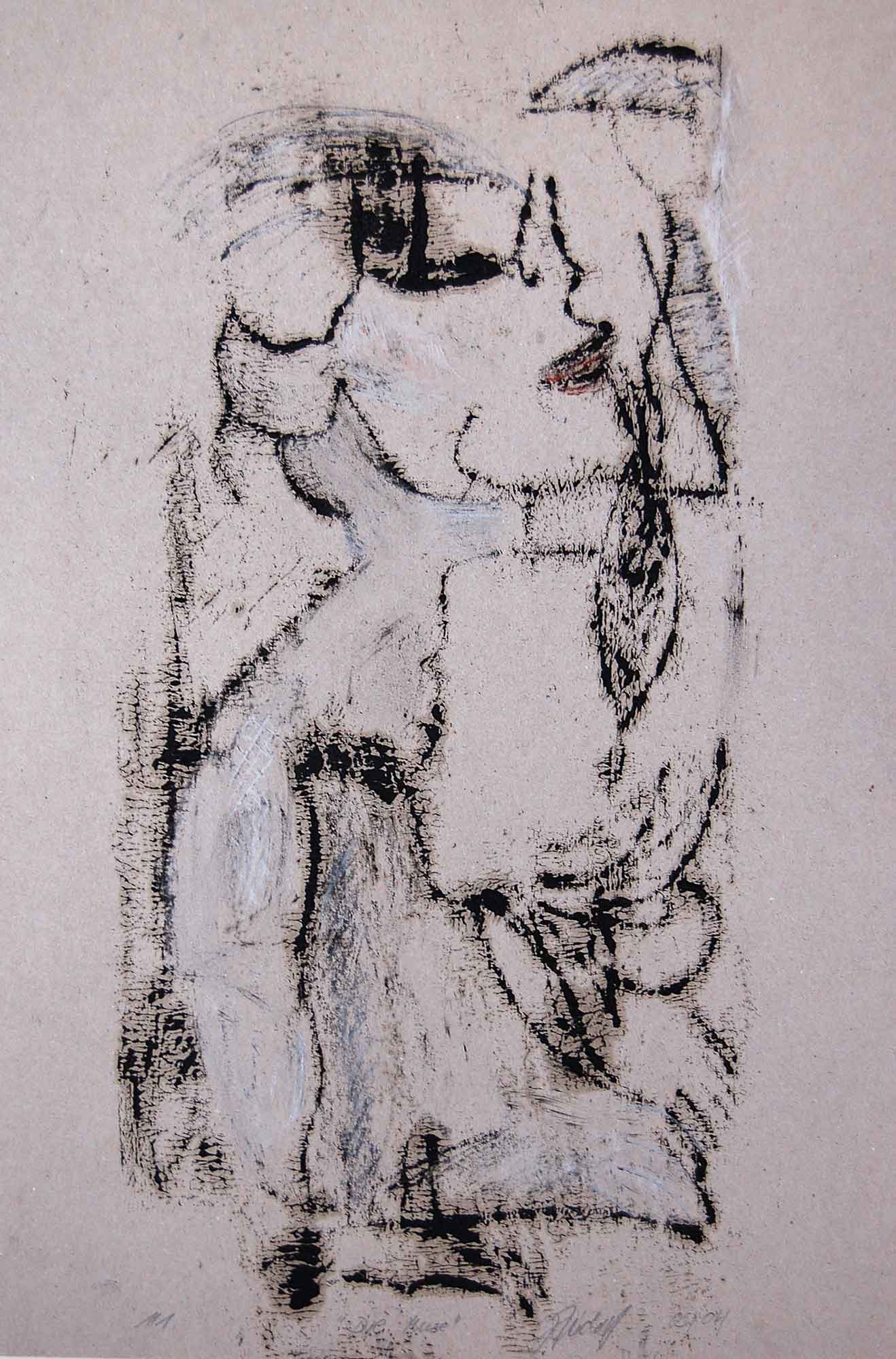 „Die Muse“, Monotypie auf grauem Pastellpapier, 30 x 42 cm